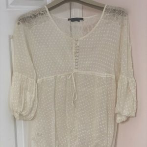 BCBG silk top with lace accents